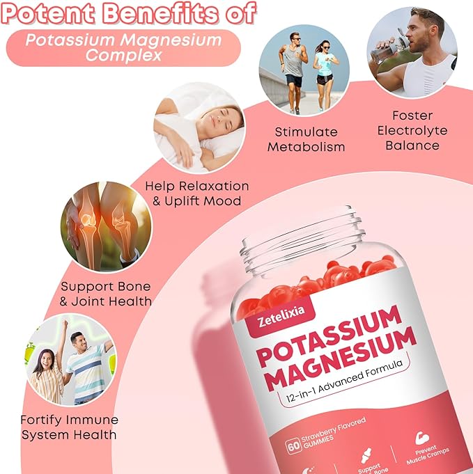 Potassium Magnesium Supplement Gummies for Adults Kids, Magnesium Glycinate Gummies 600mg & Potassium Citrate 1000mg, Plus Multivitamin, Omega-3 & Black Pepper, Leg Cramps, Muscle & Heart Health, 60ct