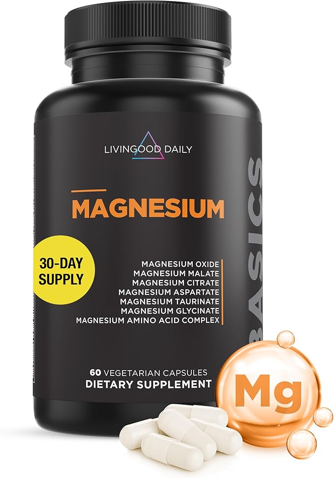 Livingood Daily Magnesium 300mg - High Bioavailability Magnesium Complex - Magnesium Citrate, Malate, Glycinate, Oxide, & Chicory Root Inulin - Muscle Relaxation, Nerve, & Heart Health - 60 Capsules