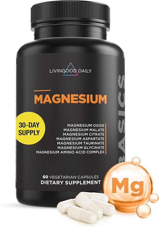 Livingood Daily Magnesium 300mg - High Bioavailability Magnesium Complex - Magnesium Citrate, Malate, Glycinate, Oxide, & Chicory Root Inulin - Muscle Relaxation, Nerve, & Heart Health - 60 Capsules