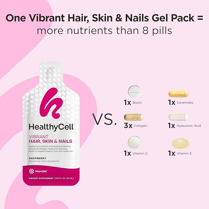 Healthycell Vibrant Hair, Skin & Nails - Hair Vitamins with Liquid Collagen for Women - Hyaluronic Acid Supplement with Collagen Peptides, Vitamin E, Biotin - Maximum Absorption - 30 Gel Packs