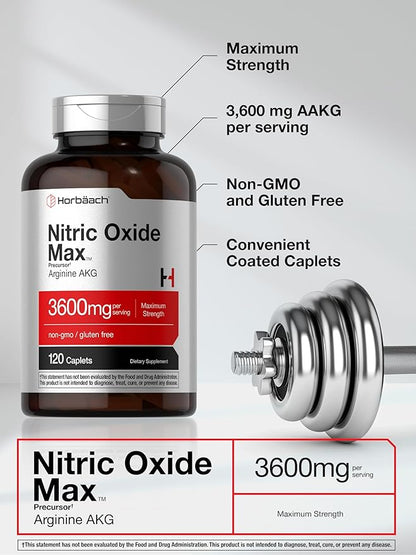 Horbäach Nitric Oxide Max 3600mg | 120 Caplets | with Arginine AAKG for Men and Women | Vegetarian, Non-GMO, & Gluten Free Pre Workout Supplement
