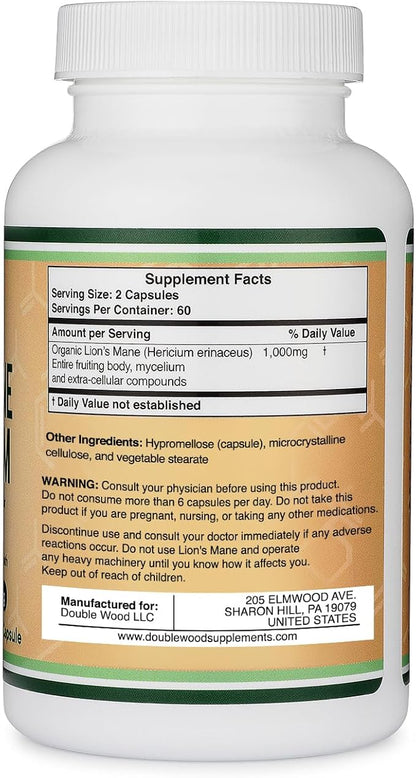 Lions Mane Supplement Mushroom Capsules (Two Month Supply - 120 Count) Lions Mane Mushroom for Brain Support and Immune Health (Third Party Tested, Grown and Encapsulated in The USA) by Double Wood