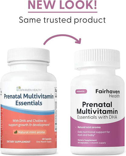 Fairhaven Health Prenatal Multivitamin Essentials | Prenatal Vitamins + DHA, Choline, Myo-Inositol | Supports Healthy Pregnancy & Fetal Brain Development | Mint Essence to Deter Nausea | 60 Capsules