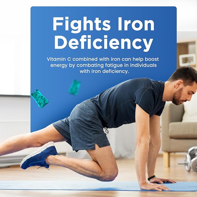 Iron Gummies for Women & Men - Iron Supplement with Vitamin B6, B12, C, Zinc, Folate for Adults & Kids - Support Iron Deficiency, Anemia, Energy Boost, Blood Builder - Sugar Free Vegan 60ct Blueberry