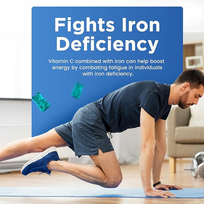 Iron Gummies for Women & Men - Iron Supplement with Vitamin B6, B12, C, Zinc, Folate for Adults & Kids - Support Iron Deficiency, Anemia, Energy Boost, Blood Builder - Sugar Free Vegan 60ct Blueberry
