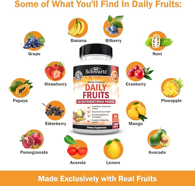 Daily Fruits and Veggies Supplement for Women and Men - 47 Whole Food Fruits and Vegetables - Diverse Natural Balance of Vitamins Minerals and Noni - 180 Fruit Capsules, 180 Veggie Capsules (2 Pack)