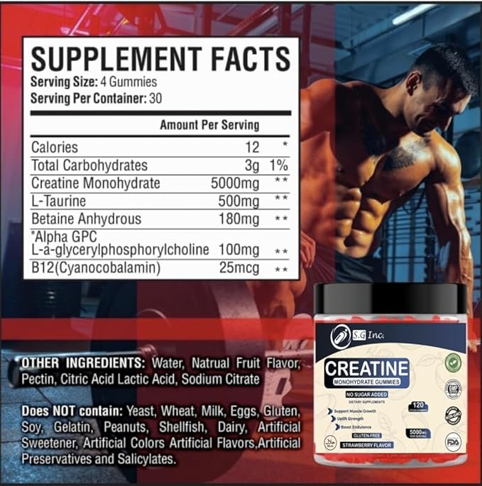 S.G Creatine Monohydrate Gummies for Men & Women ‒ Sugar Free 5g Creatine Monohydrate Gummies for Muscle Support ‒ Pre-Work Out Chewable Supplements for Energy Boost ‒ Strawberry Flavored 120 Gummies