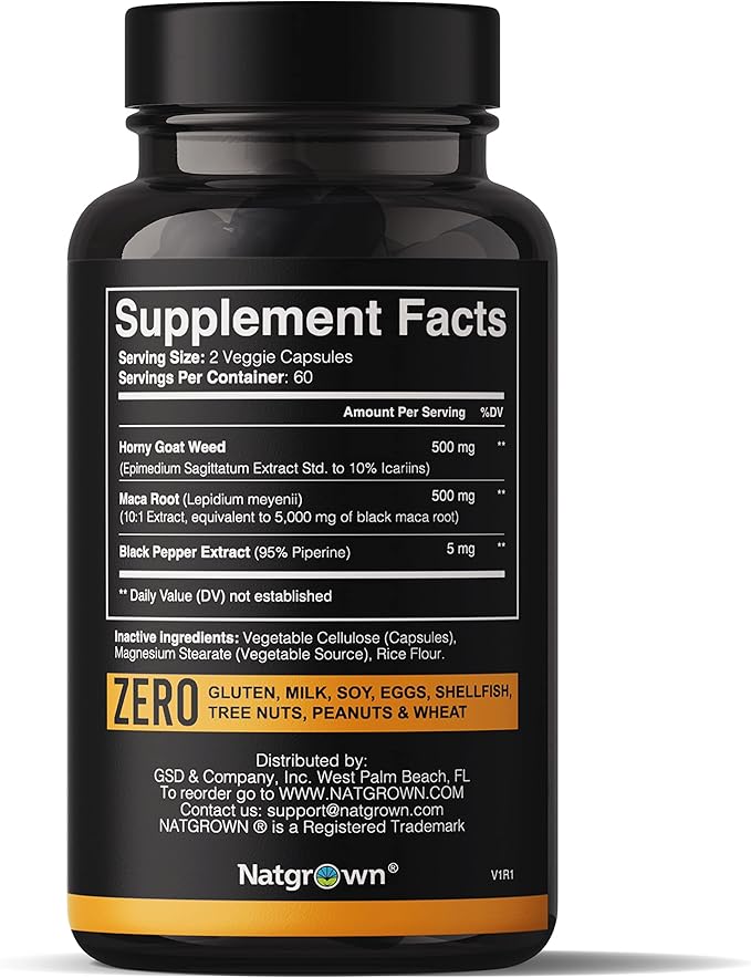 Natgrown Horny Goat Weed and Maca Root Extract Supplement for Men & Women (Epimedium Extract, Hornygoatweed) Vegan Capsules -120 Ct