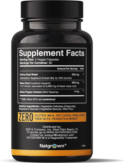 Natgrown Horny Goat Weed and Maca Root Extract Supplement for Men & Women (Epimedium Extract, Hornygoatweed) Vegan Capsules -120 Ct