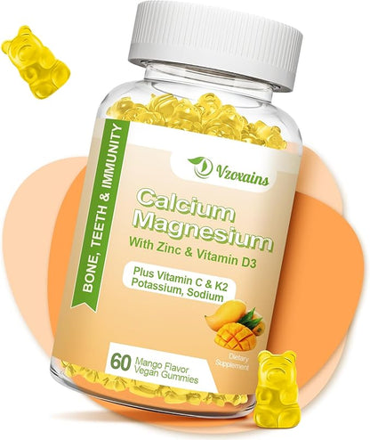 High Absorption Calcium Gummies, Sugar Free Calcium Magnesium Supplement with Vitamin D3 K2 for Bone & Teeth Strength, Muscle Function - Vegan, Mango Flavor 60 Cts