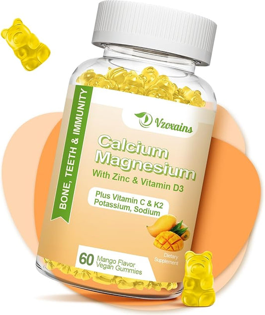 High Absorption Calcium Gummies, Sugar Free Calcium Magnesium Supplement with Vitamin D3 K2 for Bone & Teeth Strength, Muscle Function - Vegan, Mango Flavor 60 Cts