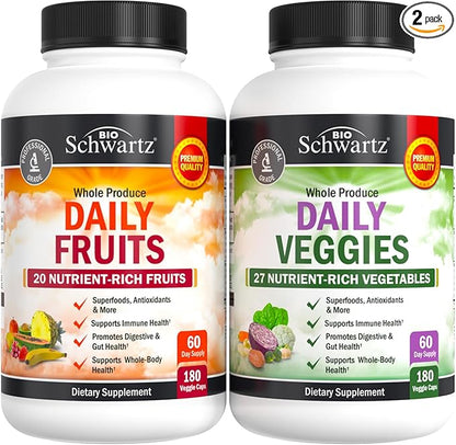 Daily Fruits and Veggies Supplement for Women and Men - 47 Whole Food Fruits and Vegetables - Diverse Natural Balance of Vitamins Minerals and Noni - 180 Fruit Capsules, 180 Veggie Capsules (2 Pack)