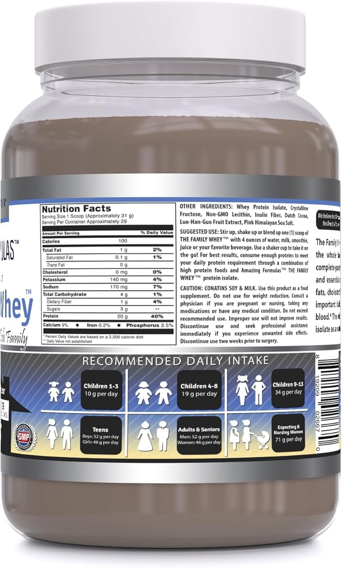 Amazing Formulas The Family Whey Protein Isolate Powder | Chocolate Flavor | 2 Lbs | Non-GMO | Gluten Free | Made in USA