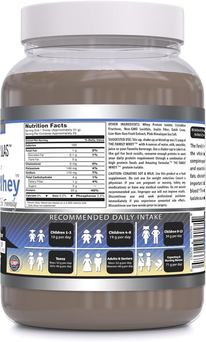 Amazing Formulas The Family Whey Protein Isolate Powder | Chocolate Flavor | 2 Lbs | Non-GMO | Gluten Free | Made in USA