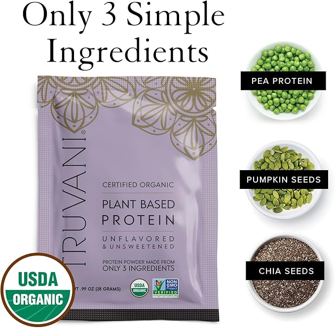 Truvani Vegan Pea Protein Powder | Unflavored | 20g Organic Plant Based Protein | 10 Travel Packets | Keto | Gluten & Dairy Free | Low Carb | No Added Sugar
