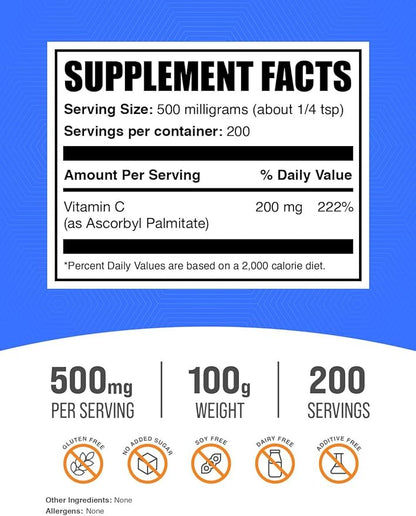 BulkSupplements.com Ascorbyl Palmitate Powder - Vitamin C Ester, Ascorbyl Palmitate 500mg - Vitamin C Supplement, Gluten Free, 500mg per Serving, 100g (3.5 oz) (Pack of 1)