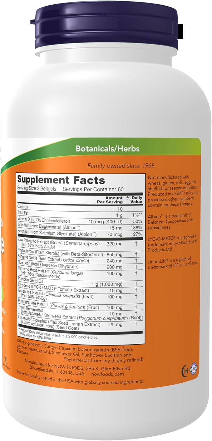 NOW Foods Supplements, Prostate Health, Clinical Strength Saw Palmetto, Beta-Sitosterol & Lycopene, 180 Softgels