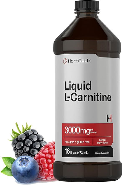 Horbäach L-Carnitine Liquid 16 oz | 3000 mg | Berry Flavor | Vegetarian Formula | Non-GMO, Gluten Free Supplement