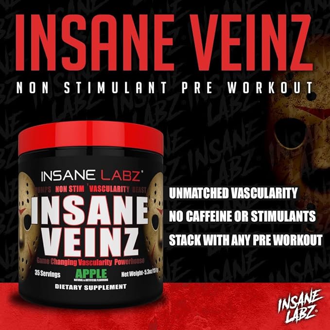 Insane Labz Insane Veinz Non Stimulant NO Enhancing Powder, Nitric Oxide Booster, Loaded with Agmatine Sulfate and Betaine Anhydrous, Increase Vascularity, 35 Srvgs