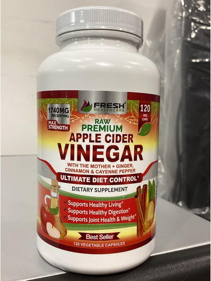 Apple Cider Vinegar Capsules Max 1740mg with Mother - 100% Natural & Raw with Cinnamon, Ginger & Cayenne Pepper - Ideal for Healthy Living, Detox & Digestion -120 Vegan Pills