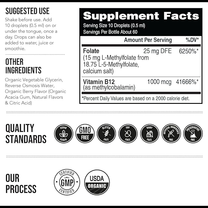 L Methyl Folate 15mg Plus Methyl B12 Cofactor – Organic, Berry Flavor, Professional Strength, Liquid Sublingual, Active 5-MTHF Form - Supports Mood, Homocysteine Methylation, Cognition (1oz)