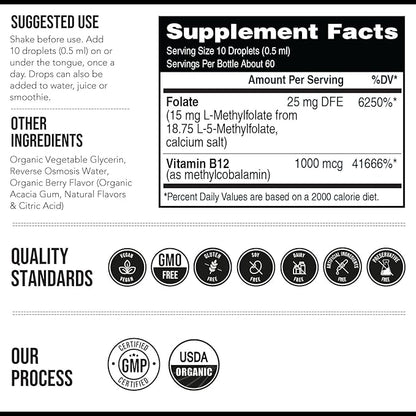 L Methyl Folate 15mg Plus Methyl B12 Cofactor – Organic, Berry Flavor, Professional Strength, Liquid Sublingual, Active 5-MTHF Form - Supports Mood, Homocysteine Methylation, Cognition (1oz)