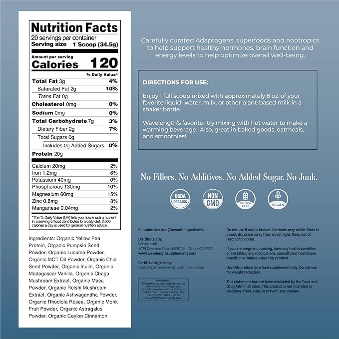 Wavelength VANILLA Organic Plant-Based Superfood Protein Powder! Consciously Crafted! USDA Organic, Plant-Based, Vegan, Soy-Free, Dairy Free, No Added Sugar!, 24.36