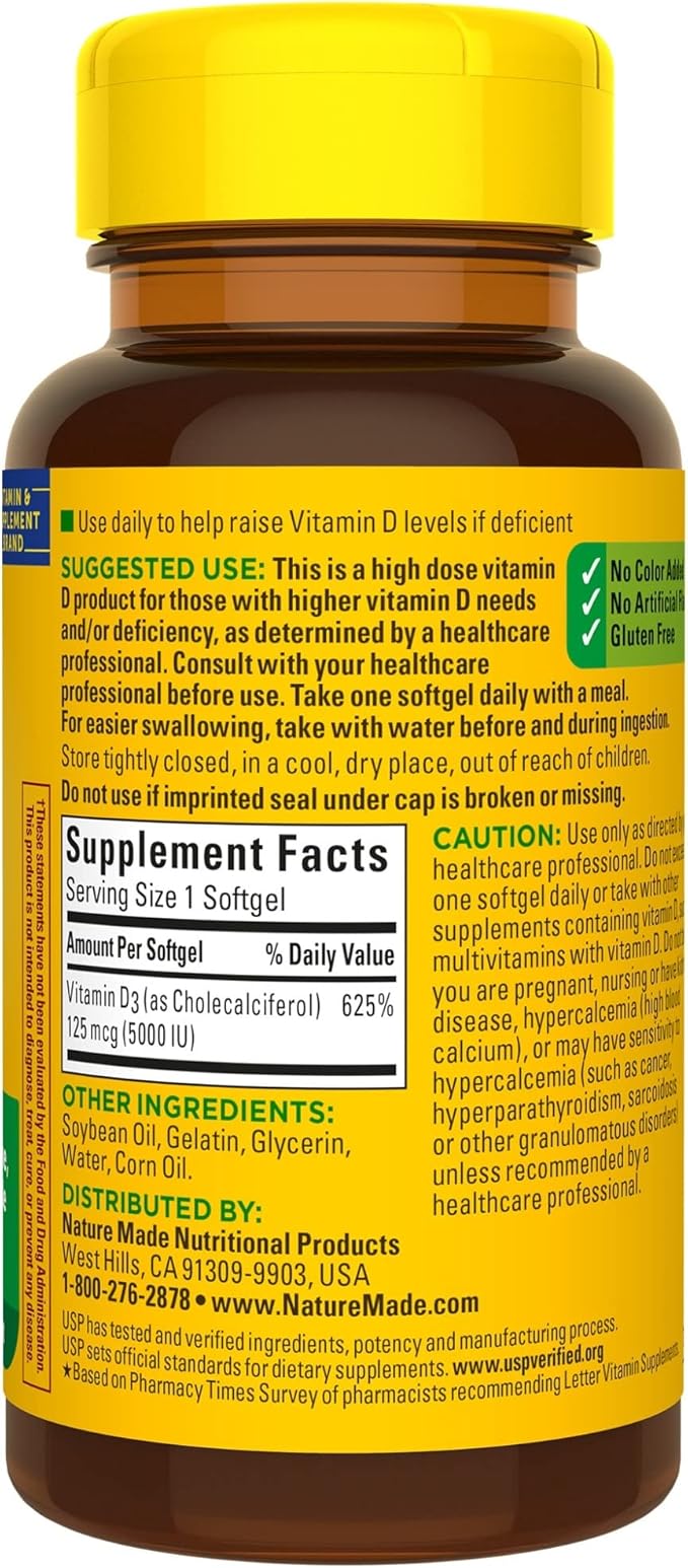 Nature Made Extra Strength Vitamin D3 5000 IU (125 mcg), Dietary Supplement for Bone, Teeth, Muscle and Immune Health Support, 90 Softgels, 90 Day Supply