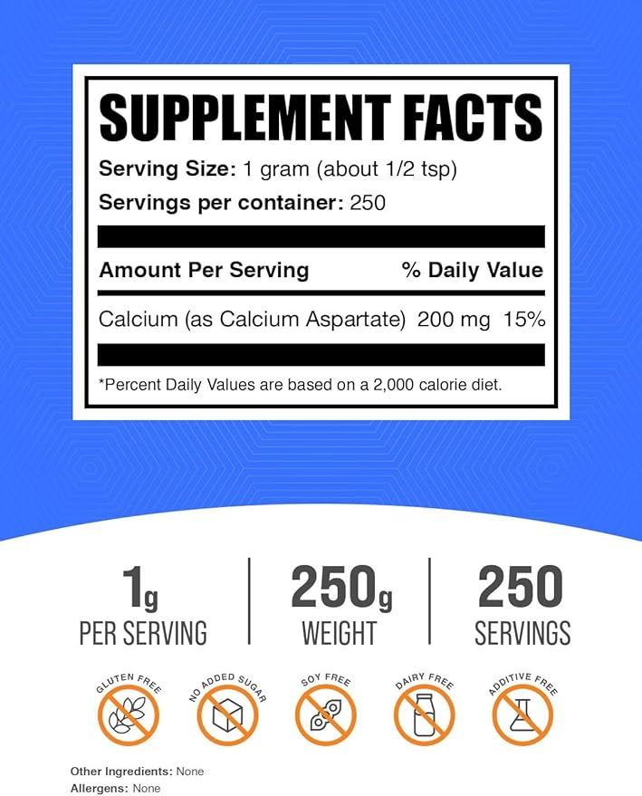 BulkSupplements.com Calcium Aspartate Powder - Calcium Supplement Powder, Calcium Aspartate 200mg - Gluten Free, 1000mg (200mg Calcium) per Serving, 250g (8.8 oz) (Pack of 1)