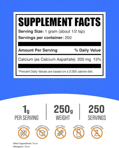 BulkSupplements.com Calcium Aspartate Powder - Calcium Supplement Powder, Calcium Aspartate 200mg - Gluten Free, 1000mg (200mg Calcium) per Serving, 250g (8.8 oz) (Pack of 1)