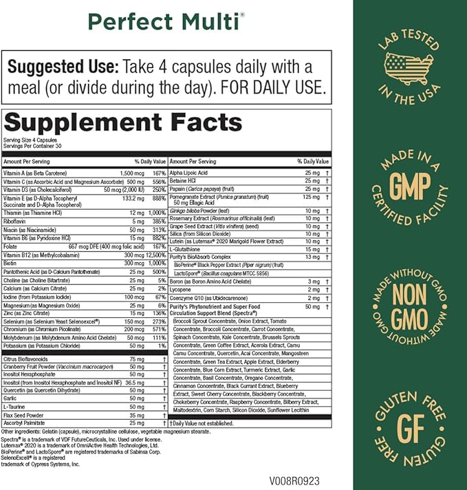 Purity Products Perfect Multi - Multivitamin Packed with Vitamins, Minerals and Phytonutrients - 60 Breakthrough Nutrients - Support for Healthy Immunity, Normal Energy Levels - 120 Capsules (1)