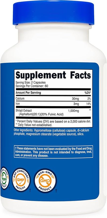 Nutricost Shilajit Capsules (1,000 mg Shilajit Per Serving), 120 Capsules | Shilajit Extract with Naturally Occuring Fulvic Acid - 60 Servings, Gluten Free, Non-GMO, Vegan Friendly Dietary Supplement