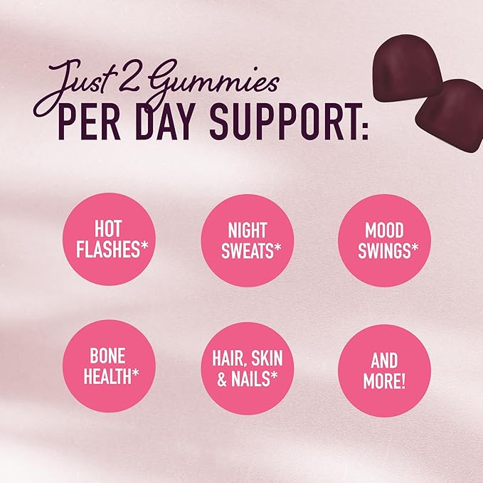 Menopause Support Gummies | Hormone Balance Relief for Hot Flashes, Night Sweats, Mood Swings, & Bloating | with Phytoestrogen Soy Extract, Vitamin D3, PABA, Biotin | Vegetarian, Gluten-Free | 60ct.
