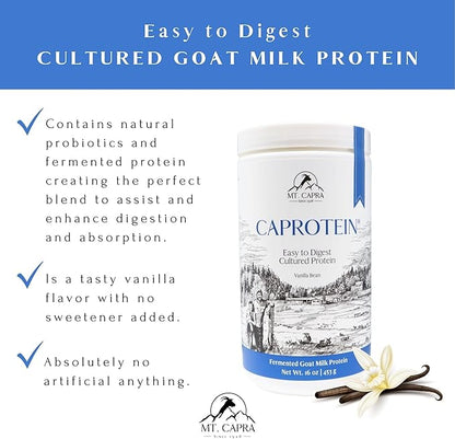 MT. CAPRA SINCE 1928 Caprotein | Casein Protein Concentrate, Fermented Goat Milk Protein from Grass-Fed Pastured Goats, Extremely Easy to Digest - 1 Pound