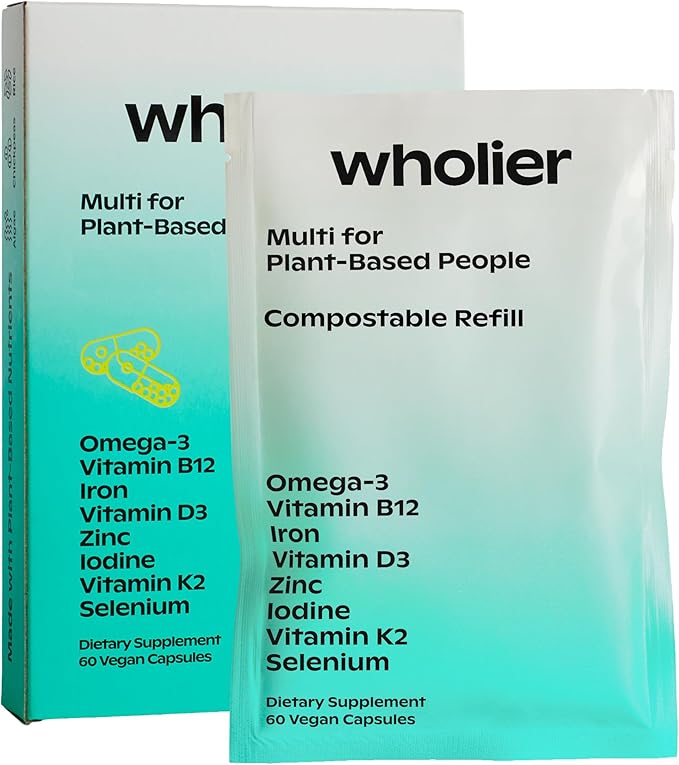 wholier -Plant-Based Vegan Multivitamin Omega 3 DHA + EPA, Vitamin D, Vitamin B12, Zinc, Vitamin K2, Iron, Iodine, Selenium. 60 Count (30-Day Supply) (Compostable Refill)