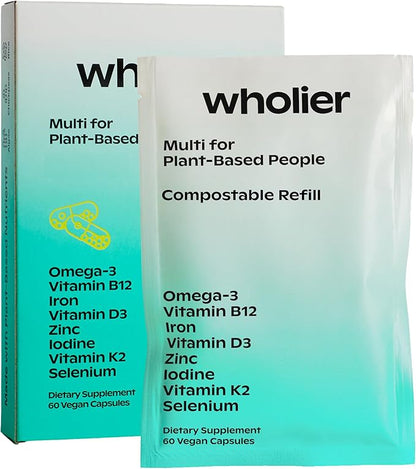 wholier -Plant-Based Vegan Multivitamin Omega 3 DHA + EPA, Vitamin D, Vitamin B12, Zinc, Vitamin K2, Iron, Iodine, Selenium. 60 Count (30-Day Supply) (Compostable Refill)