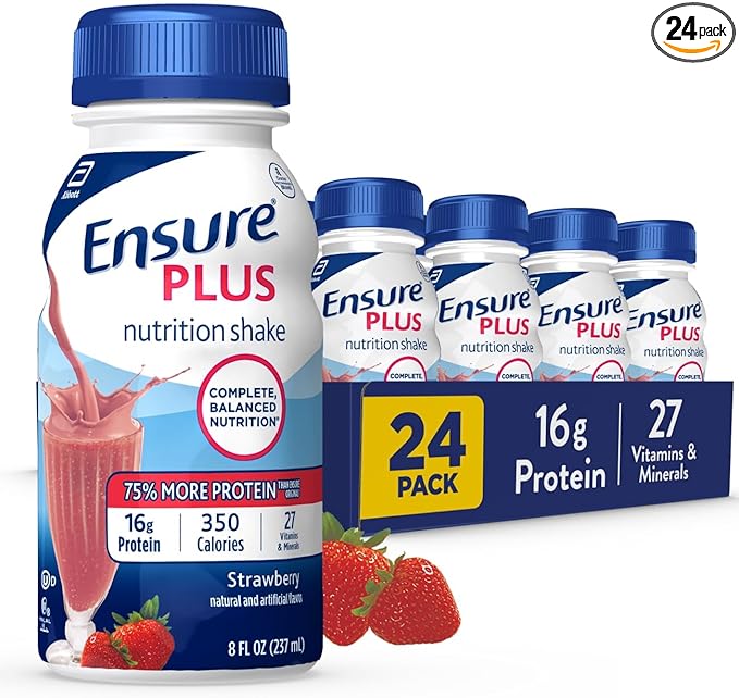 Ensure Plus Strawberry Nutrition Shake With Fiber | Meal Replacement Shake | Ready To Drink | 16g Protein and 27 Vitamins and Minerals | 8 fl oz - 24 Pack