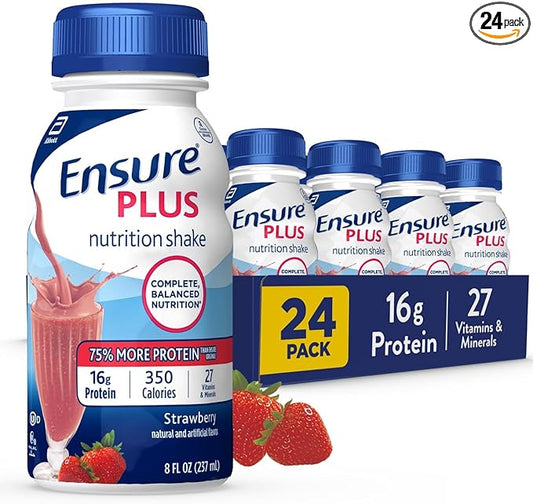 Ensure Plus Strawberry Nutrition Shake With Fiber | Meal Replacement Shake | Ready To Drink | 16g Protein and 27 Vitamins and Minerals | 8 fl oz - 24 Pack