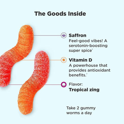 OLLY Hello Happy Gummy Worms, Mood Balance Support, Vitamin D, Saffron, Adult Chewable Supplement, Gluten Free, Tropical Zing - 90 Count