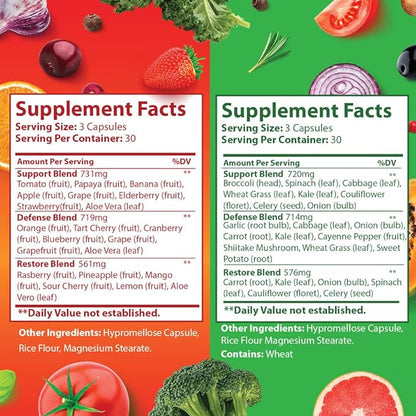 Fruits and Veggies Supplement - 90 Fruit and 90 Veggies Capsules (2 Pack) - 100% Whole Natural Superfood - Filled with Vitamins and Minerals - Supports Energy Levels - Made