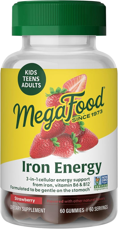 MegaFood Iron Energy Gummies - Vegan & Gluten-Free Iron Supplement for Women, Men, Teens & Kids with Vitamin B12 & B6, from The Makers of Blood Builder Iron Supplement, Strawberry Flavor - 60 Gummies