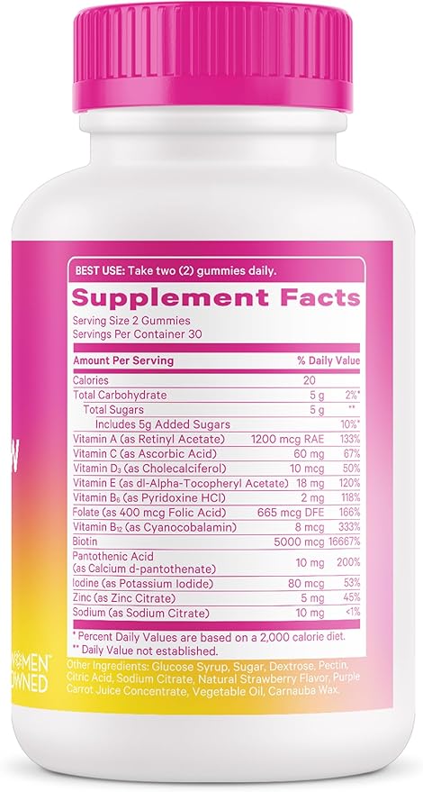 Pink Stork Total Glow Gummies - Hair, Skin, and Nails Vitamins - 11 Vitamins & Nutrients - Biotin, Vitamin A, B6, B12, Folate - Beautiful Hair, Radiant Skin, and Strong Nails - 60 Berry Biotin Gummies