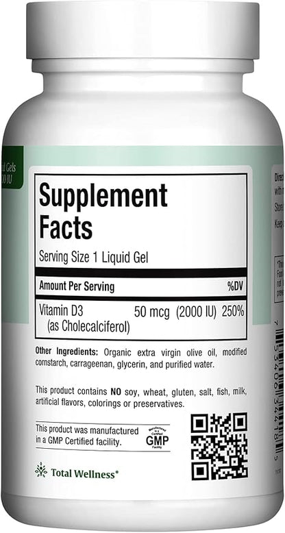 Kosher Vitamin D3 2000IU - Highly Absorbable Vitamin D Supplements for Healthy Immune Response, Calcium Absorption, Teeth & Bone Health - Vit D3 Vitamin 2000 IU - Vitamin D 3 - 180 Liquid Gels