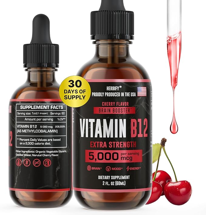 HERBIFY Vitamin B12 Organic Methylated Multivitamin Energy Supplements for Women & Men - Liquid B12 Vitamins 5000 Mcg Methylfolate - Energy Support and Natural Immune Health Liquid Vitamin 2 Oz