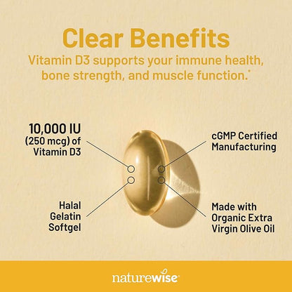 NatureWise Vitamin D3 10,000IU (250 mcg) Extra Strength for Healthy Muscle Function and Immune Support, Non-GMO, Gluten Free in Organic Extra Virgin Olive Oil, Softgel, 30 Count[1-Month Supply]