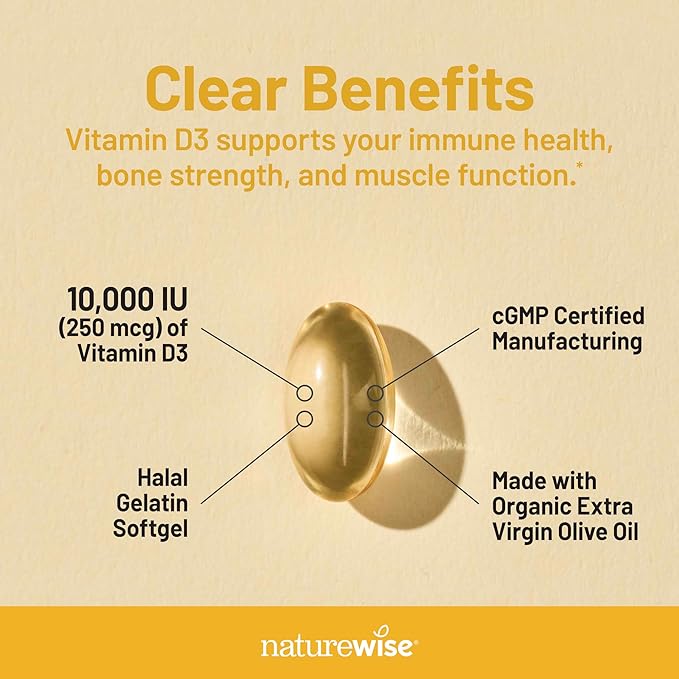 NatureWise Vitamin D3 10,000IU (250 mcg) Extra Strength for Healthy Muscle Function and Immune Support, Non-GMO, Gluten Free in Organic Extra Virgin Olive Oil, Softgel, 90 Count[3-Month Supply]