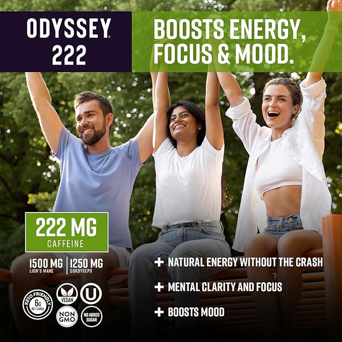 Odyssey 222 Energy Drink, Pre Workout, 222mg Caffeine, Clean Energy Drinks, L Theanine, Lions Mane, Cordyceps & Green Tea for Energy, Focus & Mood Boost, Low Calorie, Cherry Lime, 12 Fl oz, 12 Pack