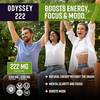 Odyssey 222 Energy Drink, Pre Workout, 222mg Caffeine, Clean Energy Drinks, L Theanine, Lions Mane, Cordyceps & Green Tea for Energy, Focus & Mood Boost, Low Calorie, Cherry Lime, 12 Fl oz, 12 Pack