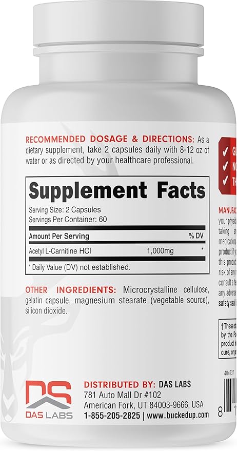 Bucked Up Acetyl L-Carnitine 1000mg Per Serving, Supports Brain Function Essentials (60 Servings, 120 Capsules)