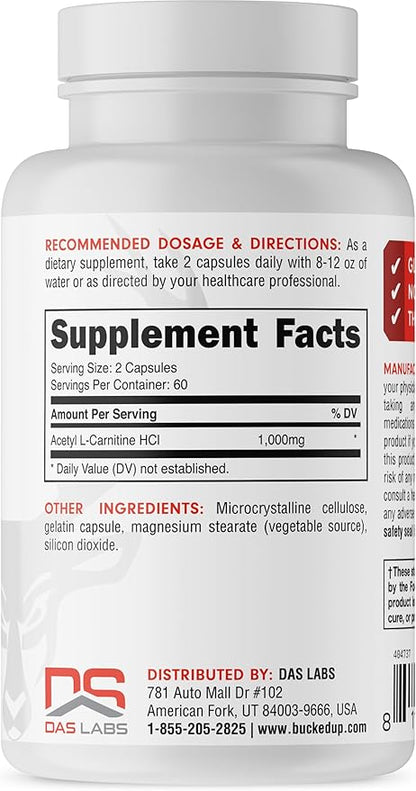 Bucked Up Acetyl L-Carnitine 1000mg Per Serving, Supports Brain Function Essentials (60 Servings, 120 Capsules)